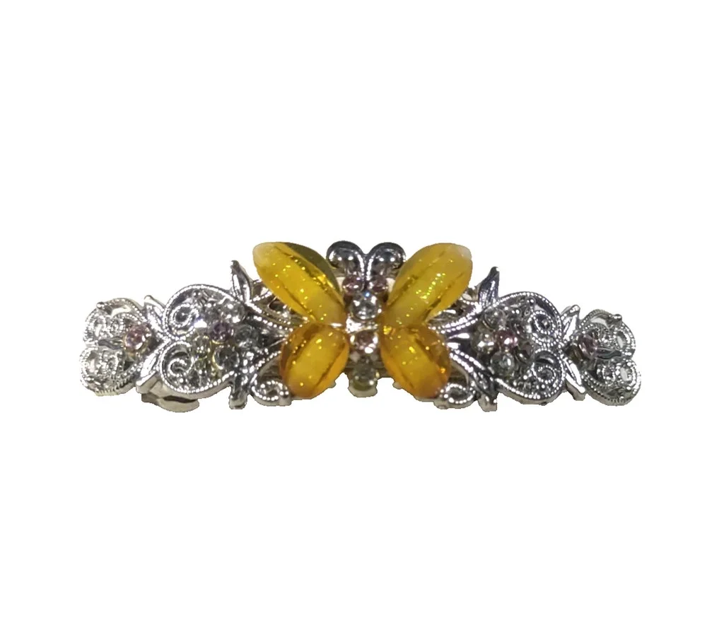 Silver Tone Yellow Butterfly Hair Barrette Tension Clip